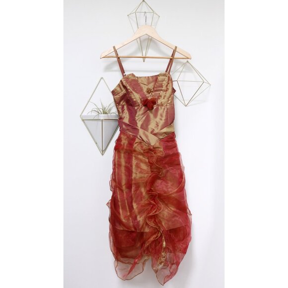 Y2K Two Tone Crimson & Gold Taffeta Prom Dress w/ Rosettes and Ruffles Formal - Picture 4 of 7